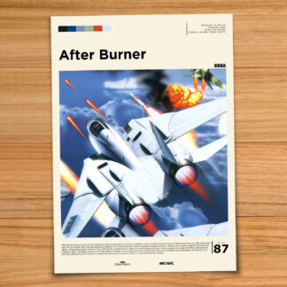 Gallery-style After Burner poster on a wood table background