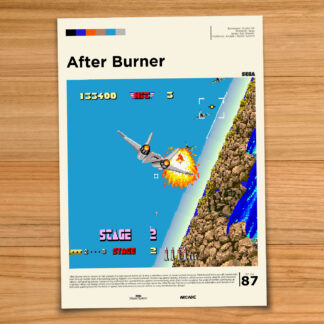 Gallery-style After Burner poster on a wood table background
