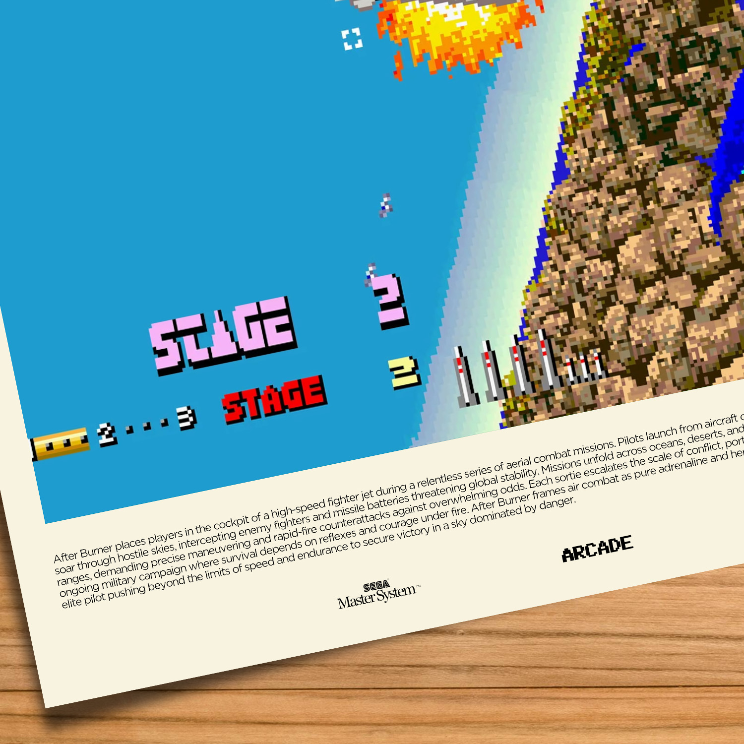 Gallery-style After Burner poster on a wood table background