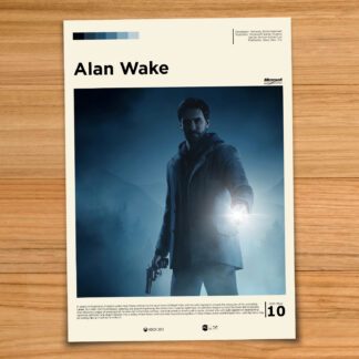 Gallery-style Alan Wake poster on a wood table background