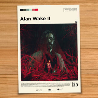 Gallery-style Alan Wake II poster on a wood table background
