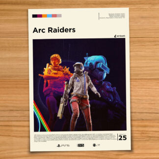 Gallery-style Arc Raiders poster on a wood table background