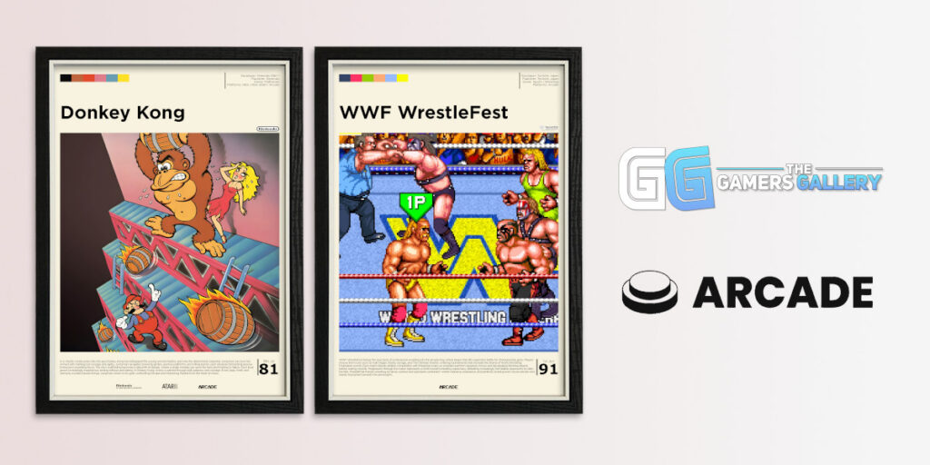 Framed Donkey Kong and WWF WrestleFest arcade posters with an arcade logo and Gamers Gallery logo