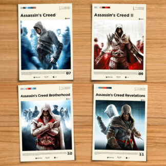 Assassin's Creed poster set, including Assassin's Creed 1, 2, Brotherhood and Revelations on a wood table background