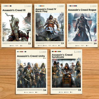 Assassin's Creed poster set, including Assassin's Creed 3, 4 Black Flag, Rogue, Unity and Syndicate on a wood table background