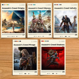 Assassin's Creed poster set, including Assassin's Creed Origins, Odyssey, Valhalla, Mirage and Shadows on a wood table background