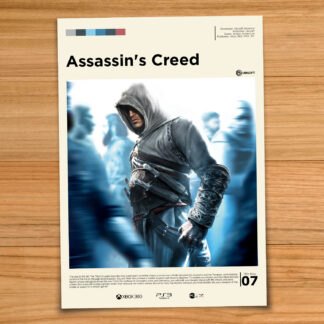 Gallery-style Assassin's Creed poster on a wood table background