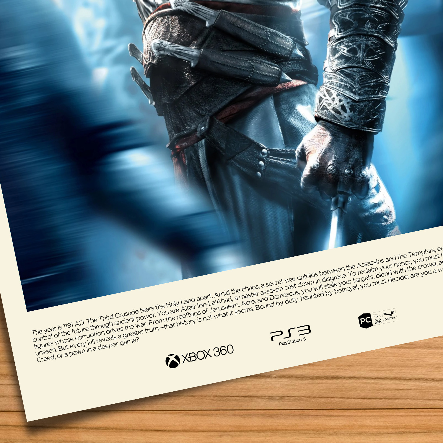 Gallery-style Assassin's Creed poster on a wood table background