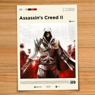 Gallery-style Assassin's Creed 2 poster on a wood table background