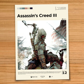 Gallery-style Assassin's Creed 3 poster on a wood table background