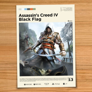 Gallery-style Assassin's Creed Black Flag poster on a wood table background