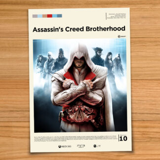 Gallery-style Assassin's Creed Brotherhood poster on a wood table background