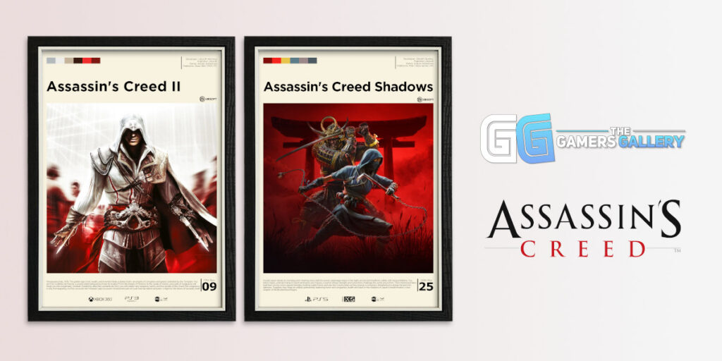Framed Assassin's Creed 2 and Shadows Assassin's Creed posters with an AC logo and Gamers Gallery logo
