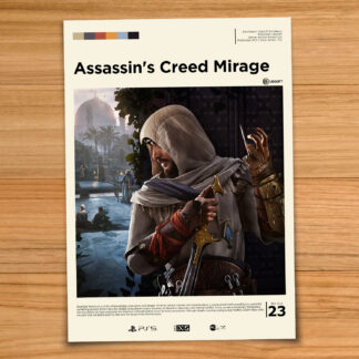 Gallery-style Assassin's Creed Mirage poster on a wood table background