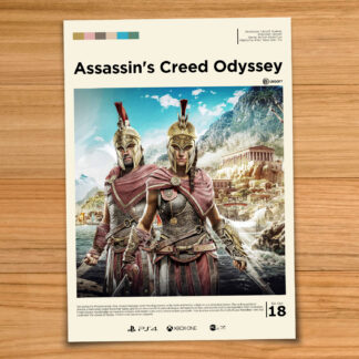 Gallery-style Assassin's Creed Odyssey poster on a wood table background