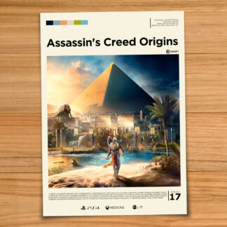 Gallery-style Assassin's Creed Origins poster on a wood table background