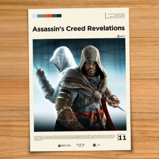 Gallery-style Assassin's Creed Revelations poster on a wood table background