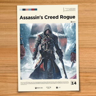 Gallery-style Assassin's Creed Rogue poster on a wood table background