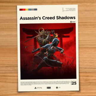 Gallery-style Assassin's Creed Shadows poster on a wood table background