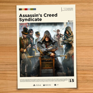 Gallery-style Assassin's Creed Syndicate poster on a wood table background