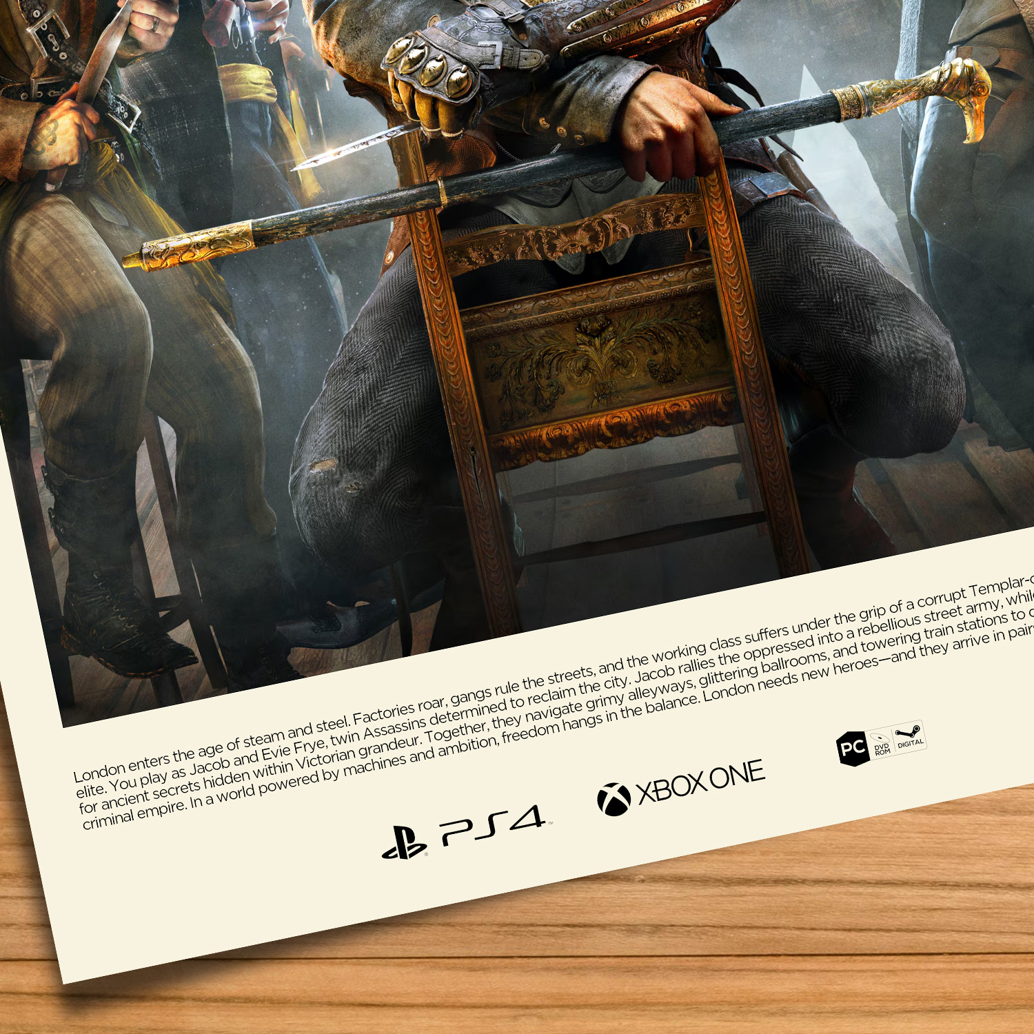 Gallery-style Assassin's Creed Syndicate poster on a wood table background