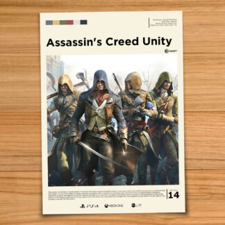 Gallery-style Assassin's Creed Unity poster on a wood table background