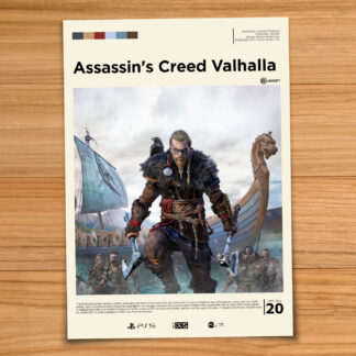 Gallery-style Assassin's Creed Valhalla poster on a wood table background