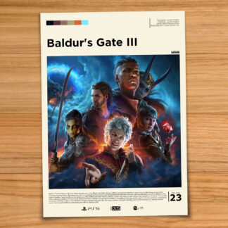 Gallery-style Baldur's Gate 3 poster on a wood table background