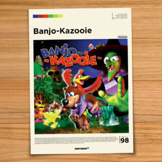 Gallery-style Banjo Kazooie poster on a wood table background