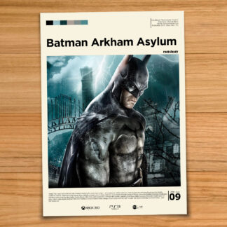 Gallery-style Batman Arkham Asylum poster on a wood table background