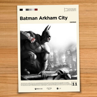 Gallery-style Batman Arkham City poster on a wood table background