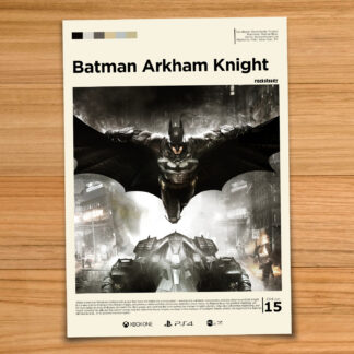 Gallery-style Batman Arkham Knight poster on a wood table background