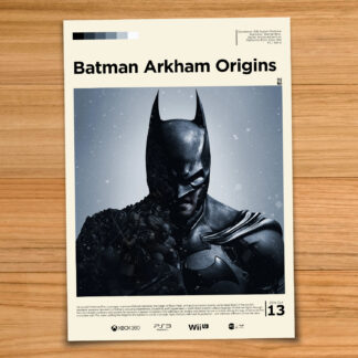 Gallery-style Batman Arkham Origins poster on a wood table background