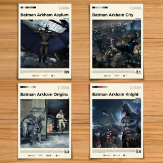Batman Arkham poster set, including Arkham Asylum, Arkham City, Arkham Origins and Arkham Knight on a wood table background