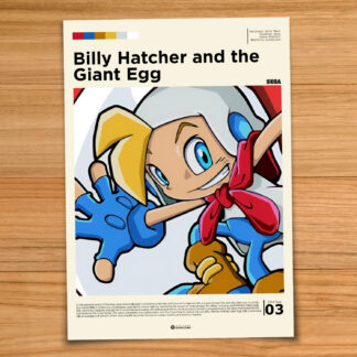 Gallery-style Billy Hatcher and the Giant Egg poster on a wood table background