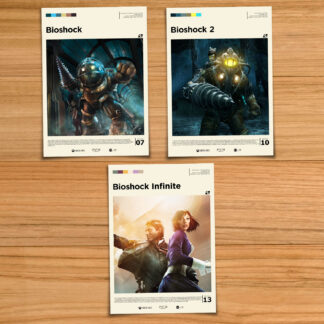 Bioshock poster set, including Bioshock, Bioshock 2 and Bioshock Infinite on a wood table background