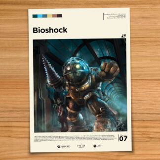 Gallery-style Bioshock Big Daddy poster on a wood table background