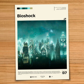 Gallery-style Bioshock Rapture poster on a wood table background