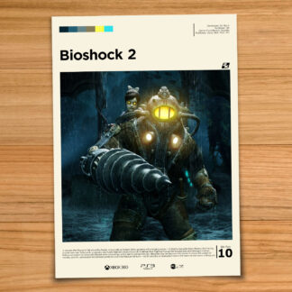Gallery-style Bioshock 2 poster on a wood table background