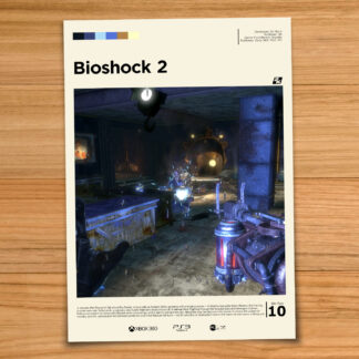 Gallery-style Bioshock 2 gameplay poster on a wood table background