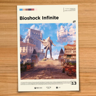 Gallery-style Bioshock Infinite poster on a wood table background