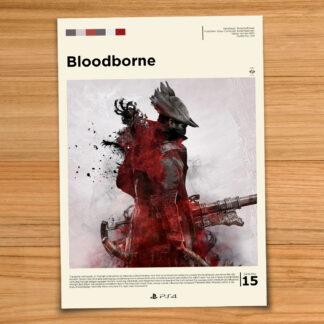 Gallery-style Bloodborne poster on a wood table background