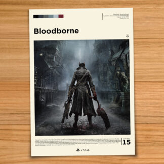 Gallery-style Bloodborne poster on a wood table background