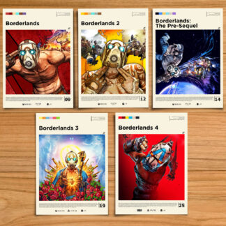 Borderlands poster set, including Borderlands 1, 2, 3, 4 and Pre-Sequel on a wood table background
