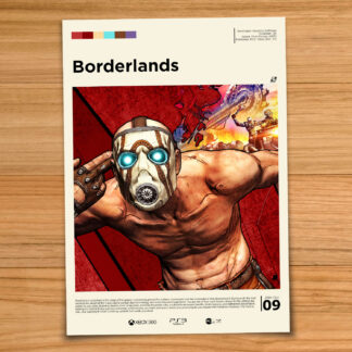 Gallery-style Borderlands poster on a wood table background