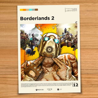 Gallery-style Borderlands 2 poster on a wood table background
