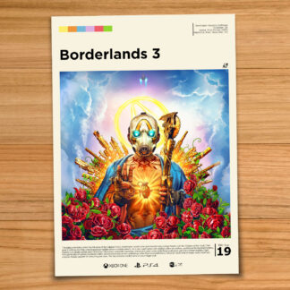 Gallery-style Borderlands 3 poster on a wood table background