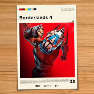 Gallery-style Borderlands 4 poster on a wood table background