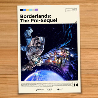 Gallery-style Borderlands Pre-Sequel poster on a wood table background