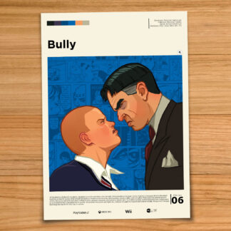 Gallery-style Bully poster on a wood table background